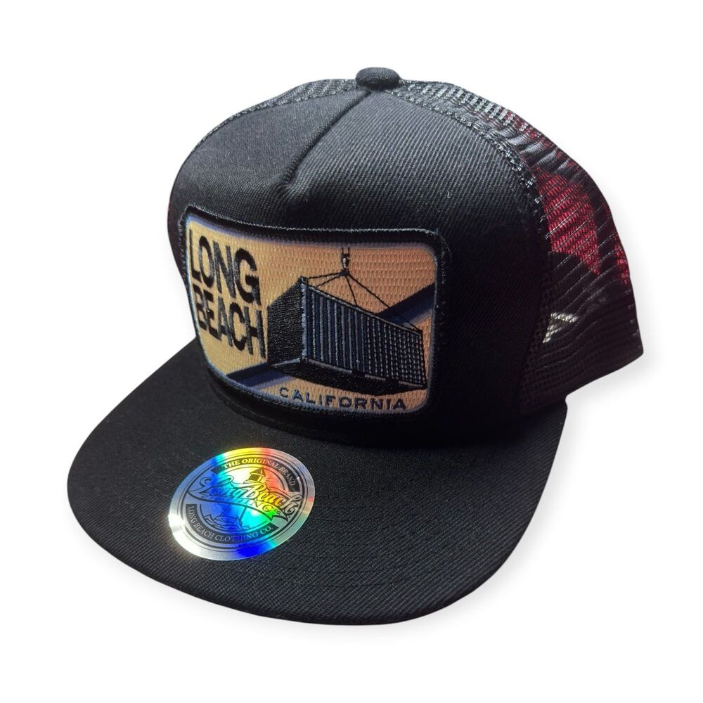 Long Beach California Trucker Hat Snapback Adjustable Mesh Back Black Cap